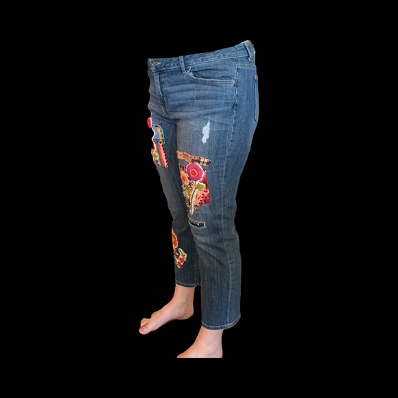 Embroidered Floral Upcycled Blue Jeans with Patches of Color - Picture 5 of 10
